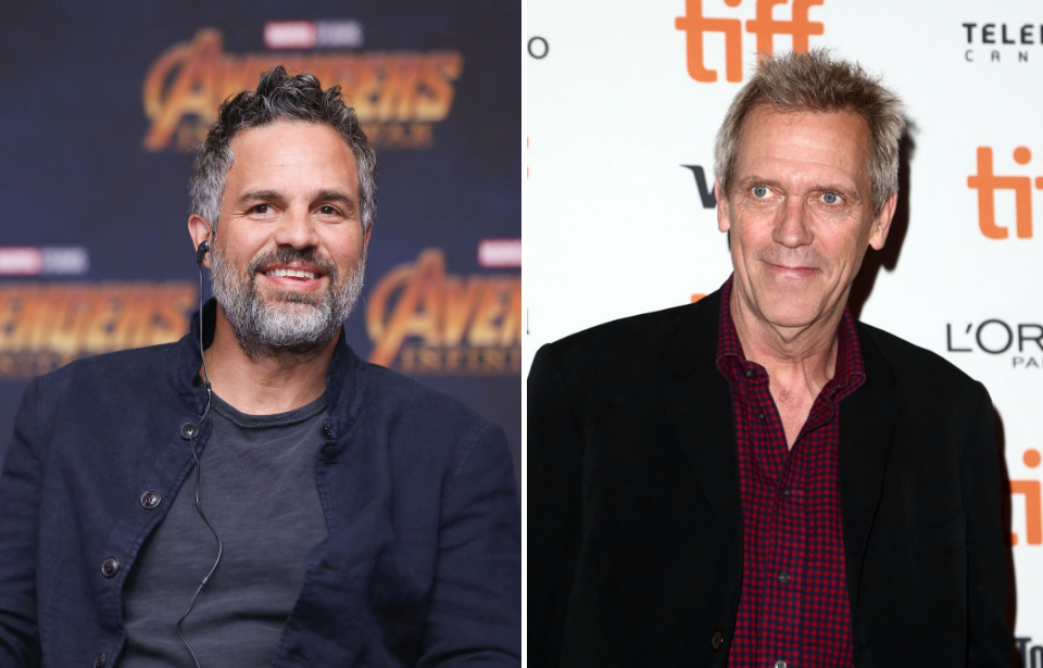 Mark Ruffalo smiling + Hugh Laurie looking to the side