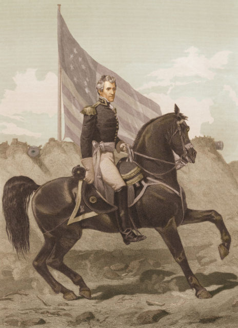 Illustration of Andrew Jackson on horseback, with an American flag in the background