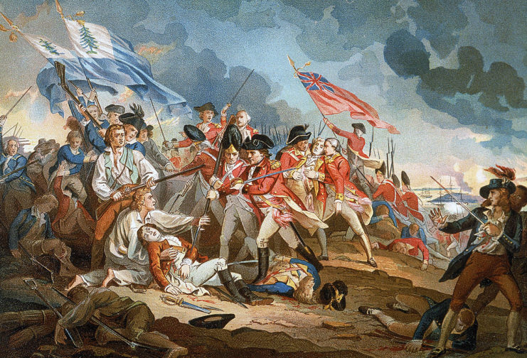 Painting of Colonial militia members and British soldiers fighting