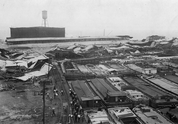 Aerial view of damaged warehouses
