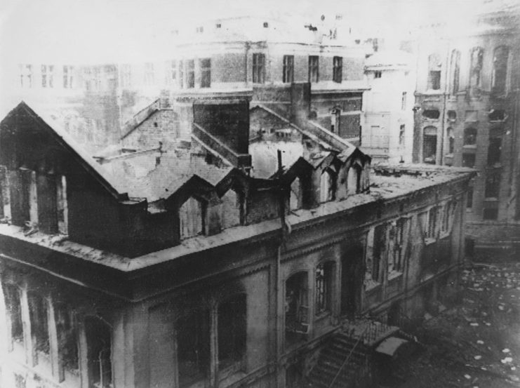 Aerial view of a building damaged during a Russian air raid