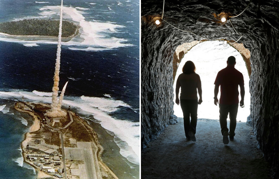 Missile lifting off from Kwajalein Atoll + Two people walking in a dark cave