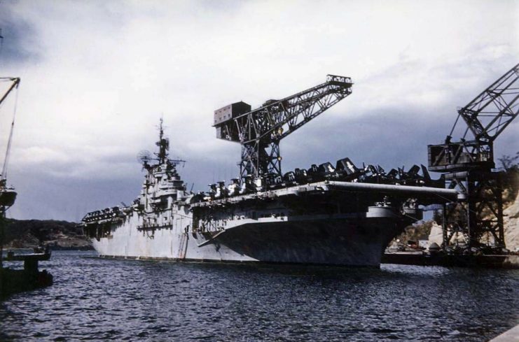 USS Antietam moored at berth B-12 at the naval base at Yokosuka, Japan