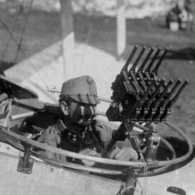 Austro-Hungarian pilot sitting in the cockpit with 10 Mauser C96s