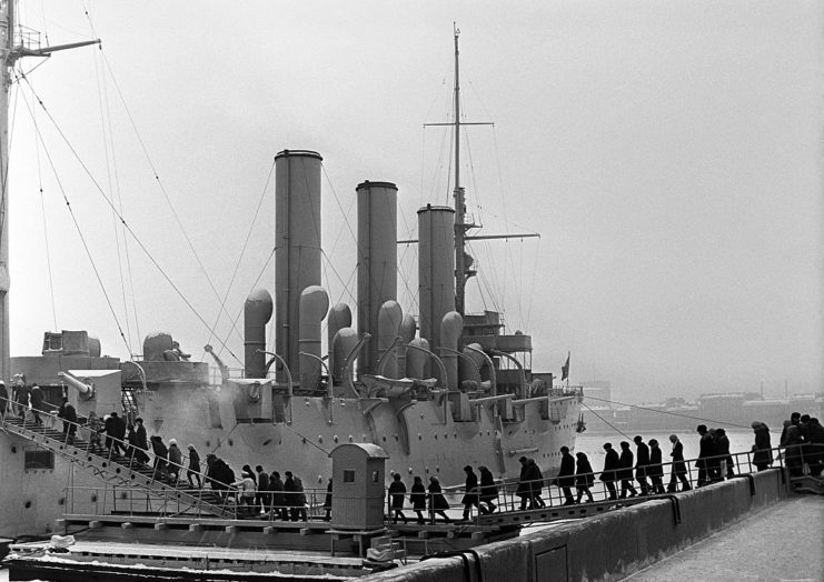 Military school students marching aboard Aurora