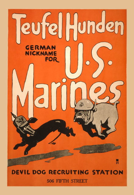 A Marine Recruiting poster with the term Teufel Hunden, or Devil Dog