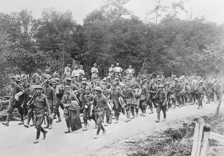 German POWs marching in formation