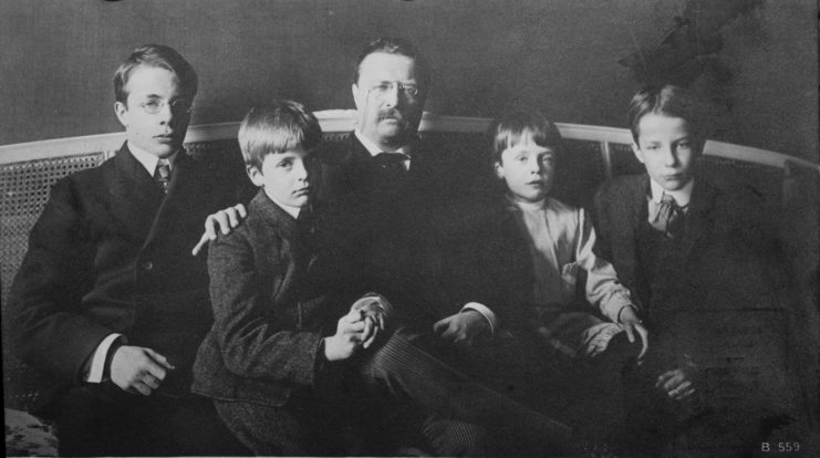 Theodore Roosevelt with his four sons, Theodore Jr, Archie, Quentin and Kermit.