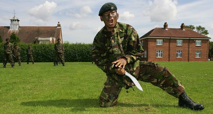 A Gurkha soldier brandishes the outfit's famous dagger