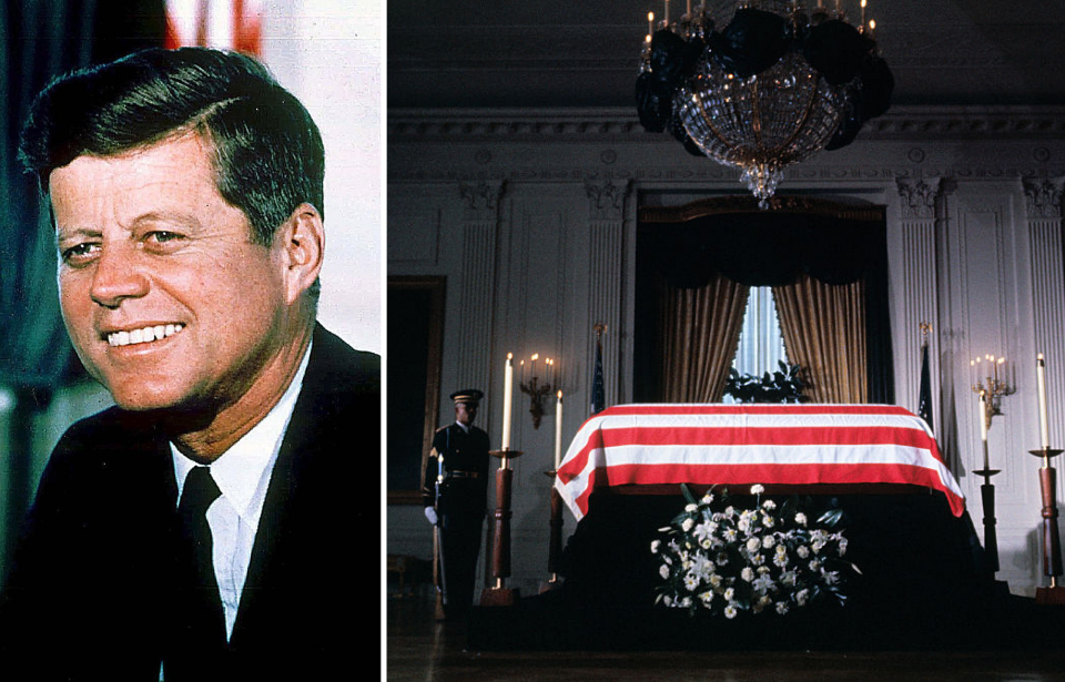 John F. Kennedy smiling + Honor Guards watching over John F. Kennedy's flag-draped coffin
