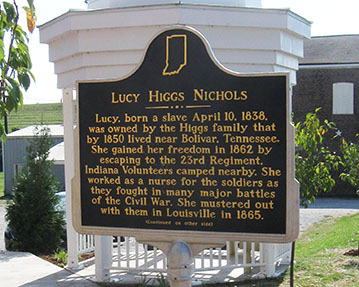 A sign commemorating Lucy Higgs Nichols in New Albany, Indiana