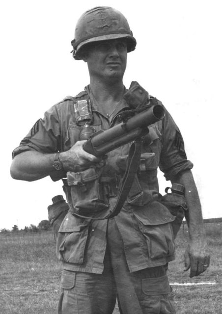 MSG Claude L. Yocum holdig an M79 grenade launcher