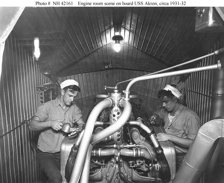 Two men inside the USS Akron's engine room