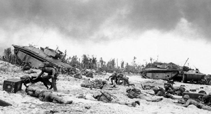 US Marines crawling in the sand during the Battle of Peleliu