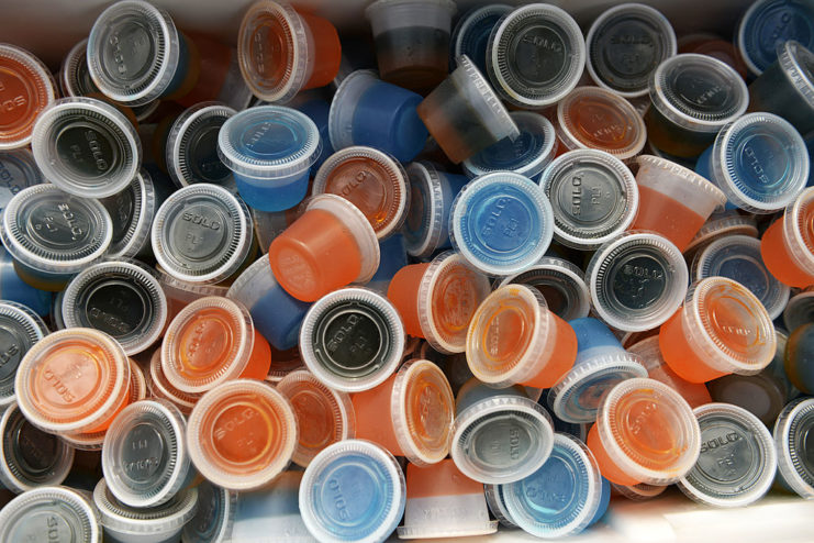 A tray of Denver Bronco themed Jello shots