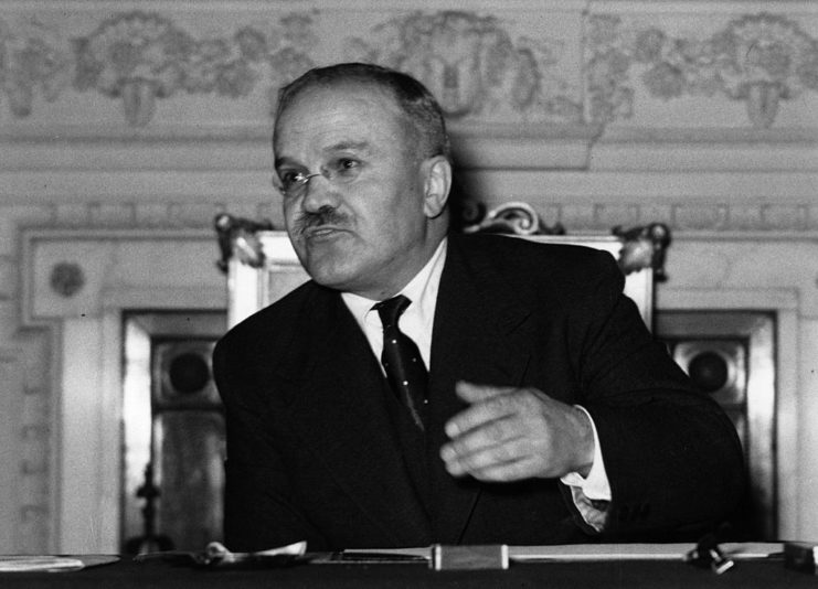 Vyacheslav Molotov answers questions during a 1945 press conference