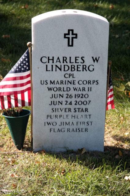 The headstone of Iwo Jima hero Charles W. Lindberg
