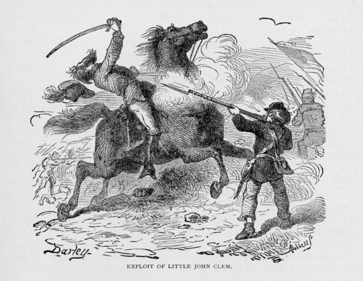 Artist's illustration of John Clem shooting a Confederate soldier