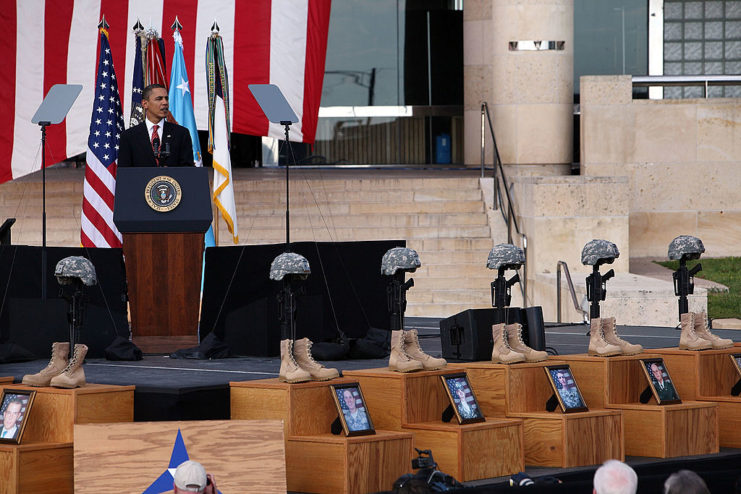 President Obama speaks at a memorial service at Fort Hood after the 2009 massacre