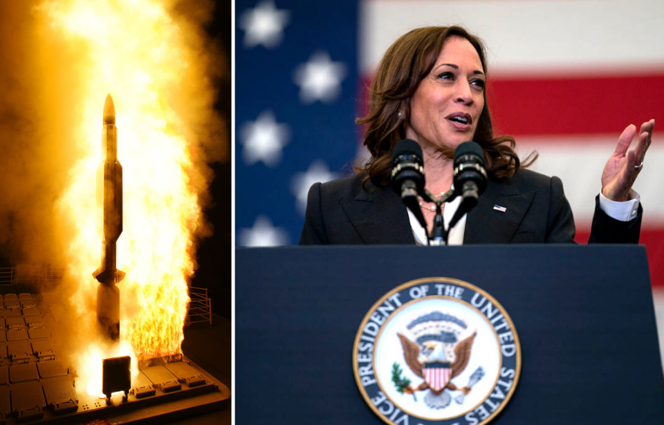 SM-3 missile being launched + Kamala Harris speaking at a podium