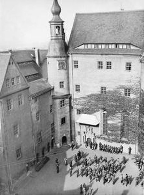 Overhead view of the prisoner courtyard at Colditz Castle
