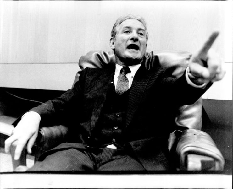 David Hackworth points during a 1983 press conference