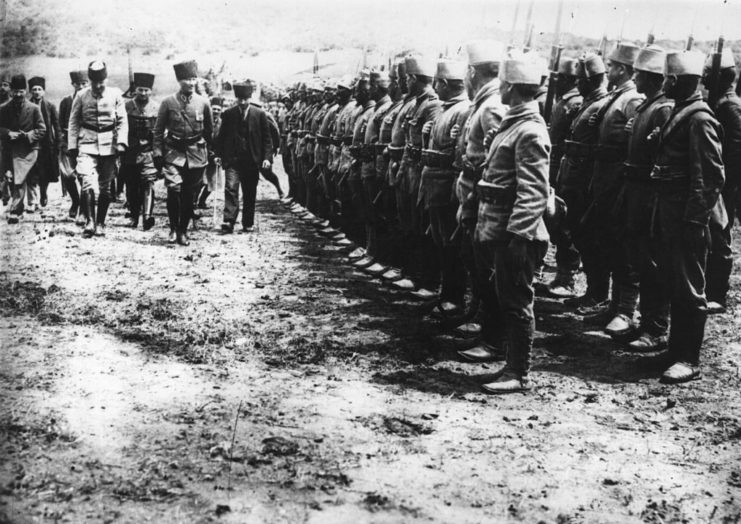 General Mustafa Kernal Ataturk oversees troops during the Turkish War for Independence 