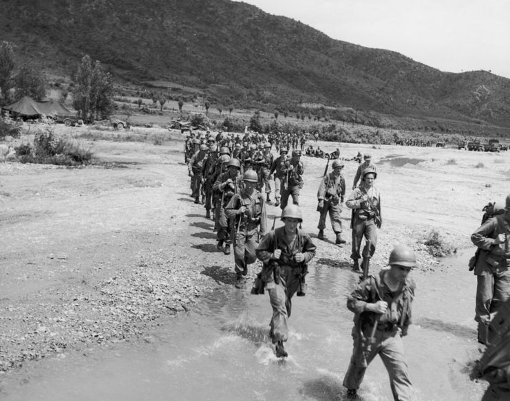 American soldiers on the March during the Korean War 