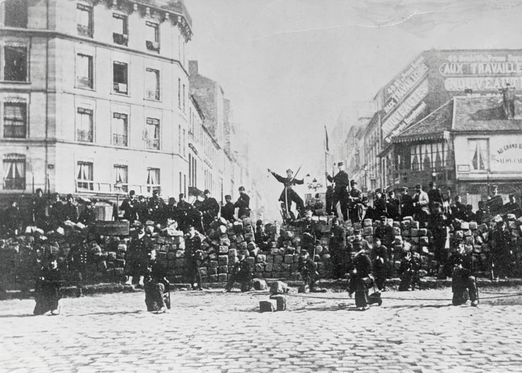 The French erect a barricade during the Franco-Prussian War