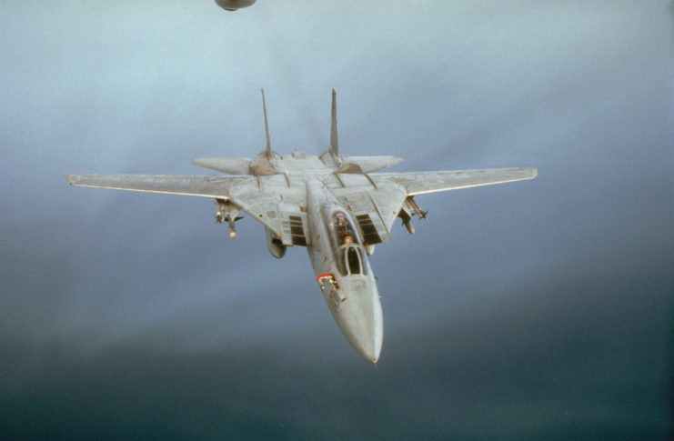 An F-14A Tomcat aircraft flies over the Red Sea