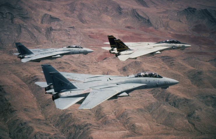 3 F-14A Tomcats flying over Saudi desert