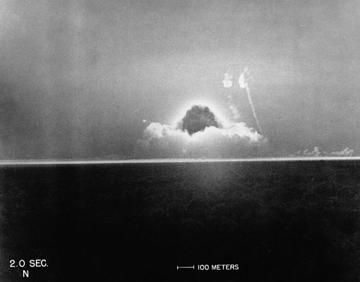 The trinity nuclear bomb explodes during testing in July of 1945
