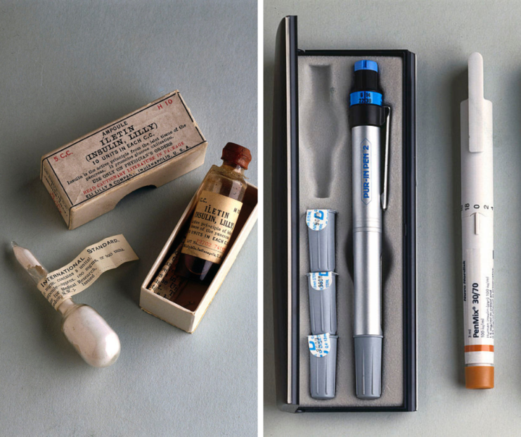 Insulin vials from the 1920s + Insulin pens used in the 1990s