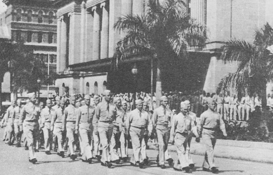 US soldiers marching through King George Square