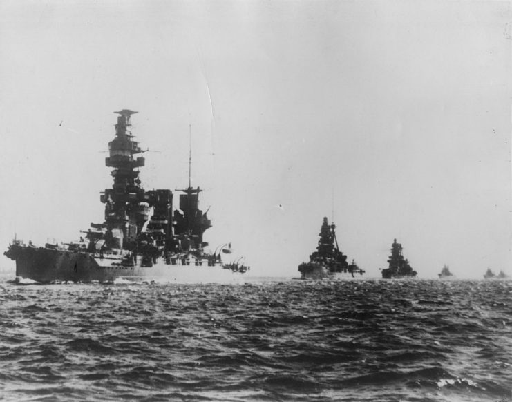 Three large Japanese battleships photographed during a manoeuvre off the coast of Malaya. 