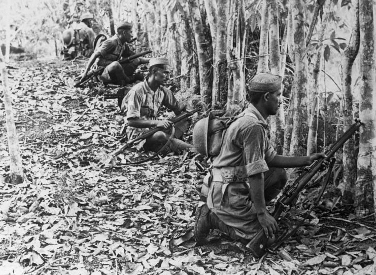 Four Indian troops stationed behind some brush in the jungles of Malaya.