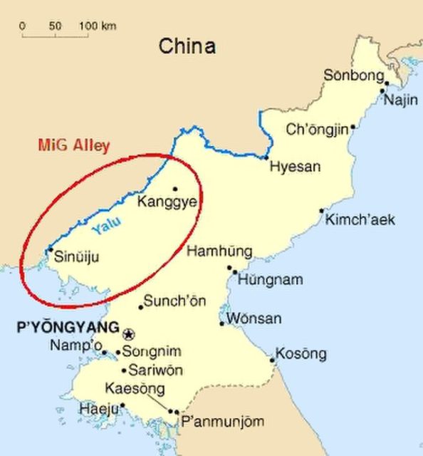 Map showing the location of MiG Alley