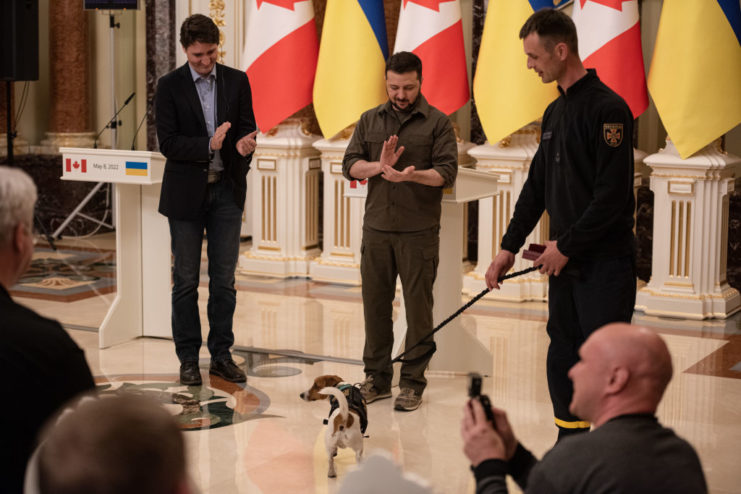 Canadian Prime Minister Justin Trudeau and Ukrainian President Volodymyr Zelenskyy clapping for Patron, the bomb-sniffing dog