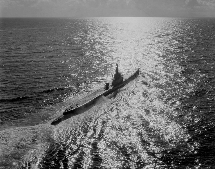Aerial view of the USS Barb (SS-220) at sea