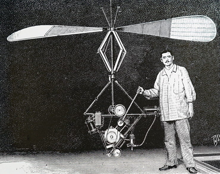 Engraving of Victor Goddard's gasoline-powered helicopter