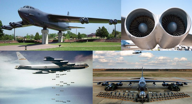 Photo story (Clockwise from top left): (1) A Boeing B-52G Stratofortress (59-2601) on display at Langley Air Force Base in Virginia in (2) B-52 engines (3) A B-52H on display with its weapons at Barksdale AFB in Louisiana in 2006 (4) A B-52F dropping its payloads of bombs over Vietnam in 1966.