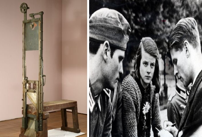 (Left) The Nazi-era guillotine found in a Bavarian Museum basement and (Right) The White Rose Movement's leaders, the Scholls, who were executed through the killing machine.