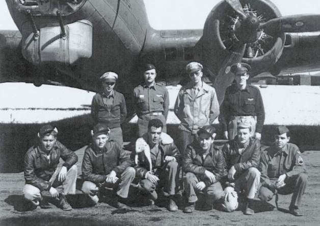 The Crew of the B17 which crashed near Deenethorpe December 5, 1943:  (Back row, L-R) C Floto, J King, W Hammond, W Keith. (Front row, L-R) B Besselieu, H Kelson, R Kerr, W Cohen, B Musser, W Woodward