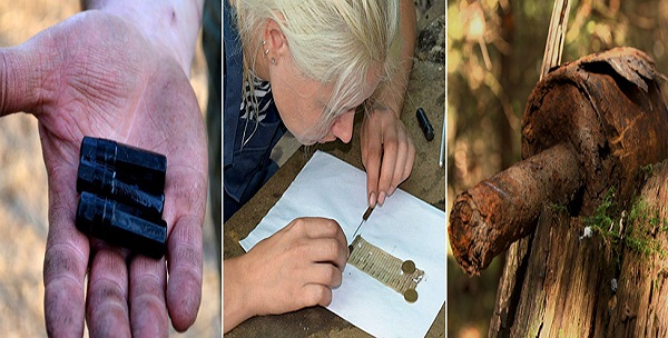 The Finds: (left to right) The Soviet soldiers' ebony ID tags, a volunteer trying to decipher the information written on the small piece of paper inside the ebony capsule and a WWII bomb.