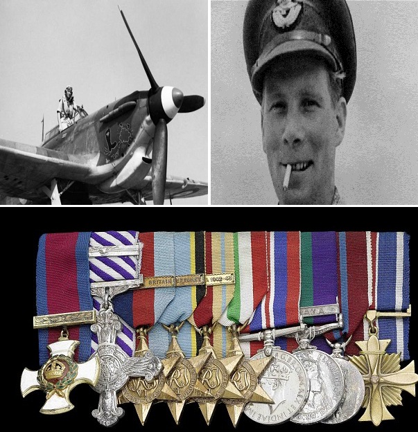 Young Squadron Leader Billy Drake with his Hurricane during WWII; (Bottom) The ten medals awarded to the RAF ace pilot for his brave war efforts spanning from the Battle of Britain to the North Africa campaign and the Normandy Landings. These medals are going to go under the gavel March 12 and expected to amount up to £40,000. 