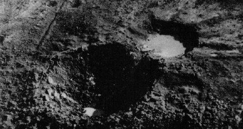 Crater which resulted from the Grand Slam bomb explosion.
