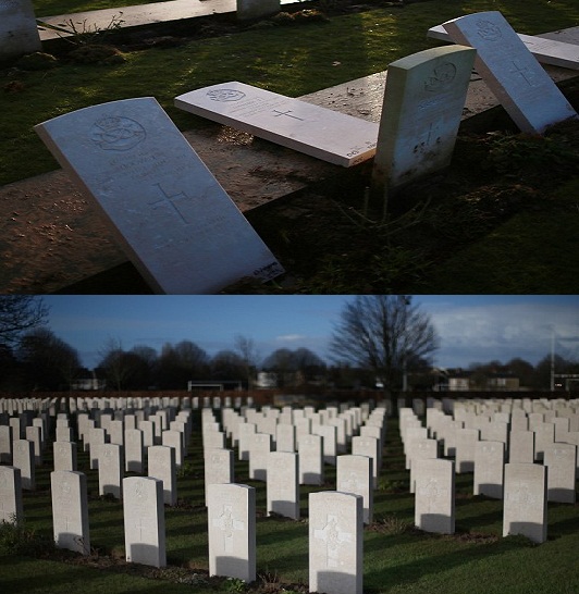 Before (top photo) and after (bottom photo) the headstone replacement work commissioned by the CWGC in praparation for the WWI Centenary and 70th D-Day Anniversary.