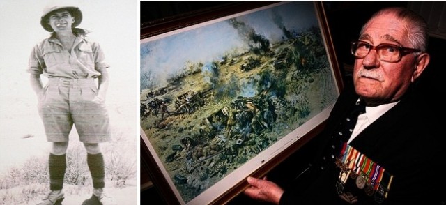 (left) Ray Ellis as a Houssar during WWII; (right) older ray Ellis holding the canvas painting on the famous Battle of Knightsbridge which he took part of and is well-known as the last soldier to fire against advancing German troops. The WWII veteran recently passed away at the age of 94. (Photo: Daily Mail/Nottingham Post)