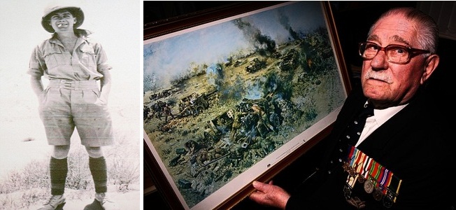 (left) Ray Ellis as a Houssar during WWII; (right) older ray Ellis holding the canvas painting on the famous Battle of Knightsbridge which he took part of and is well-known as the last soldier to fire against advancing German troops. The WWII veteran recently passed away at the age of 94. (Photo: Daily Mail/Nottingham Post)