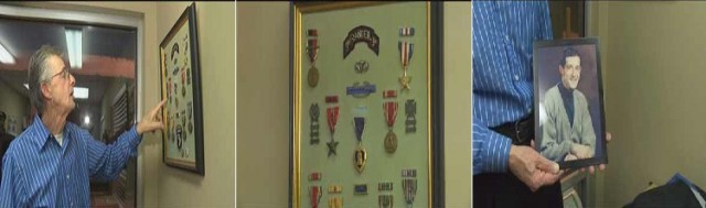 (left) Tony Grunder looking over his father's WWII medals; (center) Anthony Grunder was a WWII vet who was awarded numerous medals including a Purple Heart for his serviice during WWII; (right) WWII Vet Anthony Grunder. (Phot Courtesy: Wave 3)